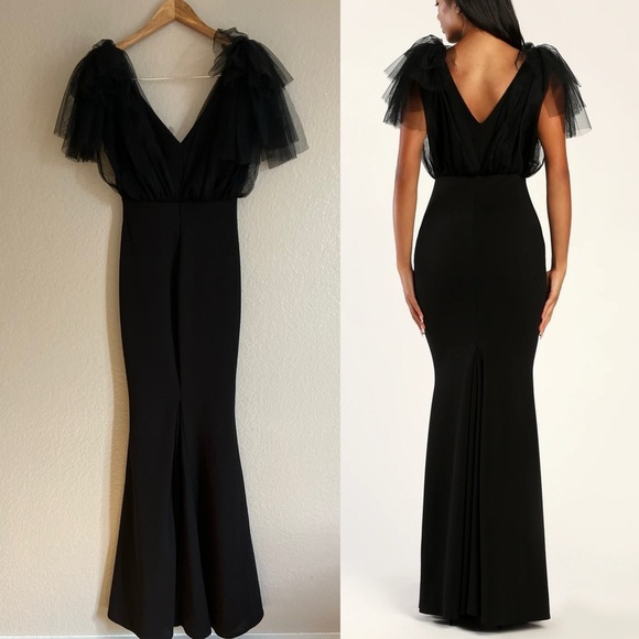 Fabulous Fun Black Tulle Flutter Sleeve Mermaid Maxi Dress - Picture 5 of 8
